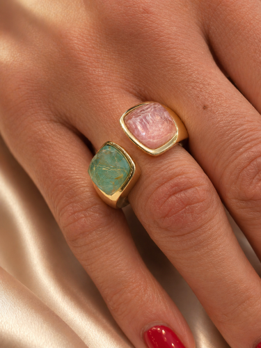 Złoty-Pierścionek-Gemma-z-Turkusem-Kwarcem,-Rodochrozytem-Kryształem-Górskim-Dall'Acqua-pr.585-damski-nowoczesny-2
