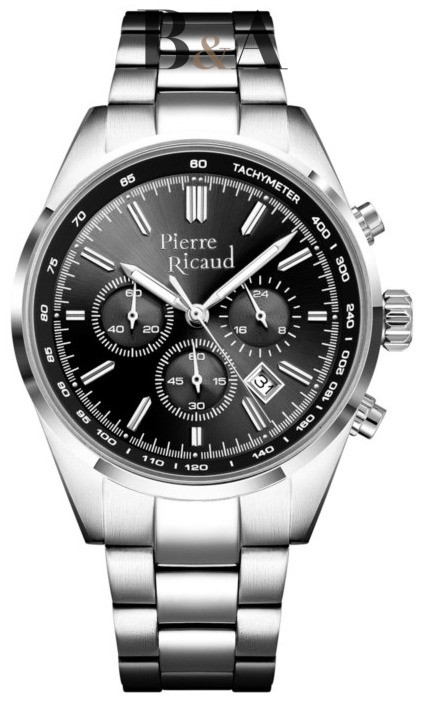 Zegarek-męski-Pierre-Ricaud-P97045.5114CH-z-czarną-tarczą-chronograf-skalą-tachymetryczną-i-srebrną-stalową-bransoletą