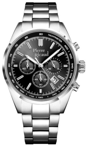 Zegarek-męski-Pierre-Ricaud-P97045.5114CH-z-czarną-tarczą-chronograf-skalą-tachymetryczną-i-srebrną-stalową-bransoletą