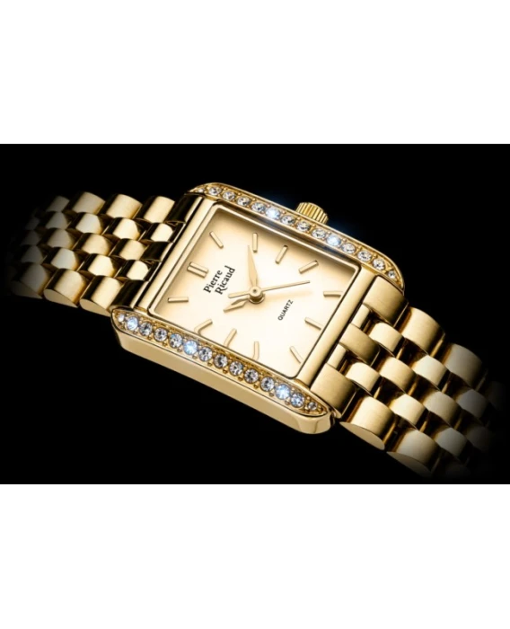 Zegarek-damski-Pierre-Ricaud-P21076.1111QZ-w-złotym-kolorze-z-prostokątną-kopertą-zdobioną-cyrkoniami-i-stalową-bransoletą2
