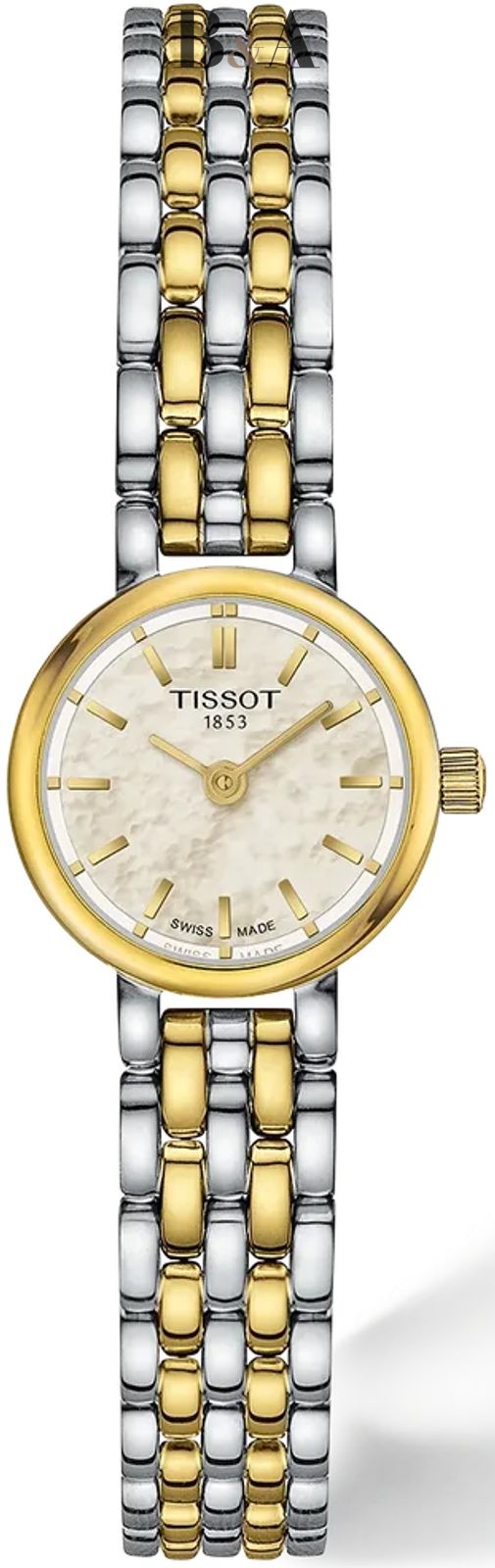 Zegarek-damski-Tissot-Lovely-T140.009.22.111.00-z-tarczą-z-białej-masy-perłowej-srebrno-złotą-bransoletą