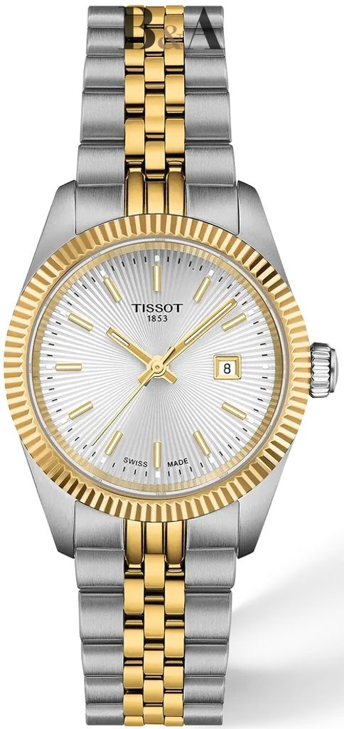 Zegarek-damski-Tissot-Ballade-30-mm-T156.010.22.031.00-ze-srebrną-tarczą-złocistą-żłobioną-lunetą-i-srebrno-złotą-bransoletą