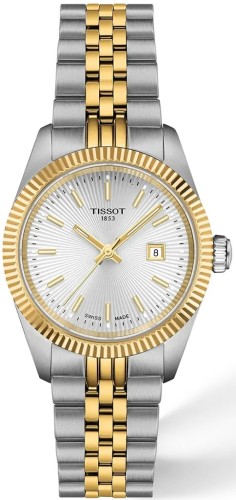 Zegarek-damski-Tissot-Ballade-30-mm-T156.010.22.031.00-ze-srebrną-tarczą-złocistą-żłobioną-lunetą-i-srebrno-złotą-bransoletą