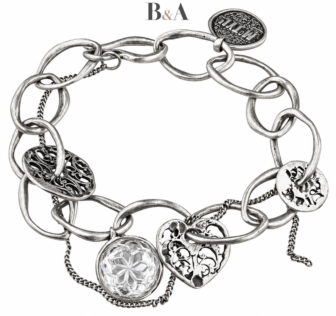 Bransoletka-Motyle-Luminara-MS3691-ze-srebra-oksydowanego-925-z-kryształem-górskim-ażurowym-sercem-i-okrągłymi-zawieszkami