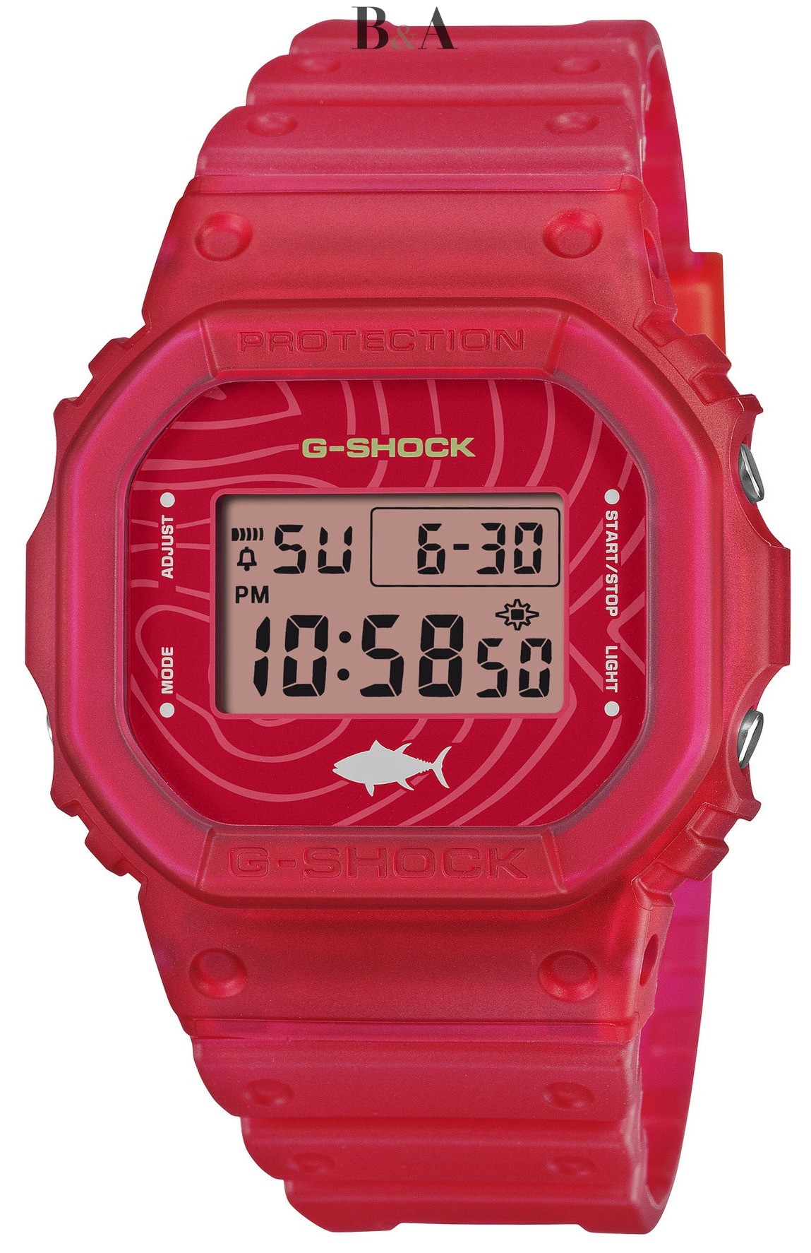 Czerwony-półprzezroczysty-zegarek-Casio-G-SHOCK-DW-5600SSH-4-Sushi-z-motywem-tuńczyka-i-zielonym-logo