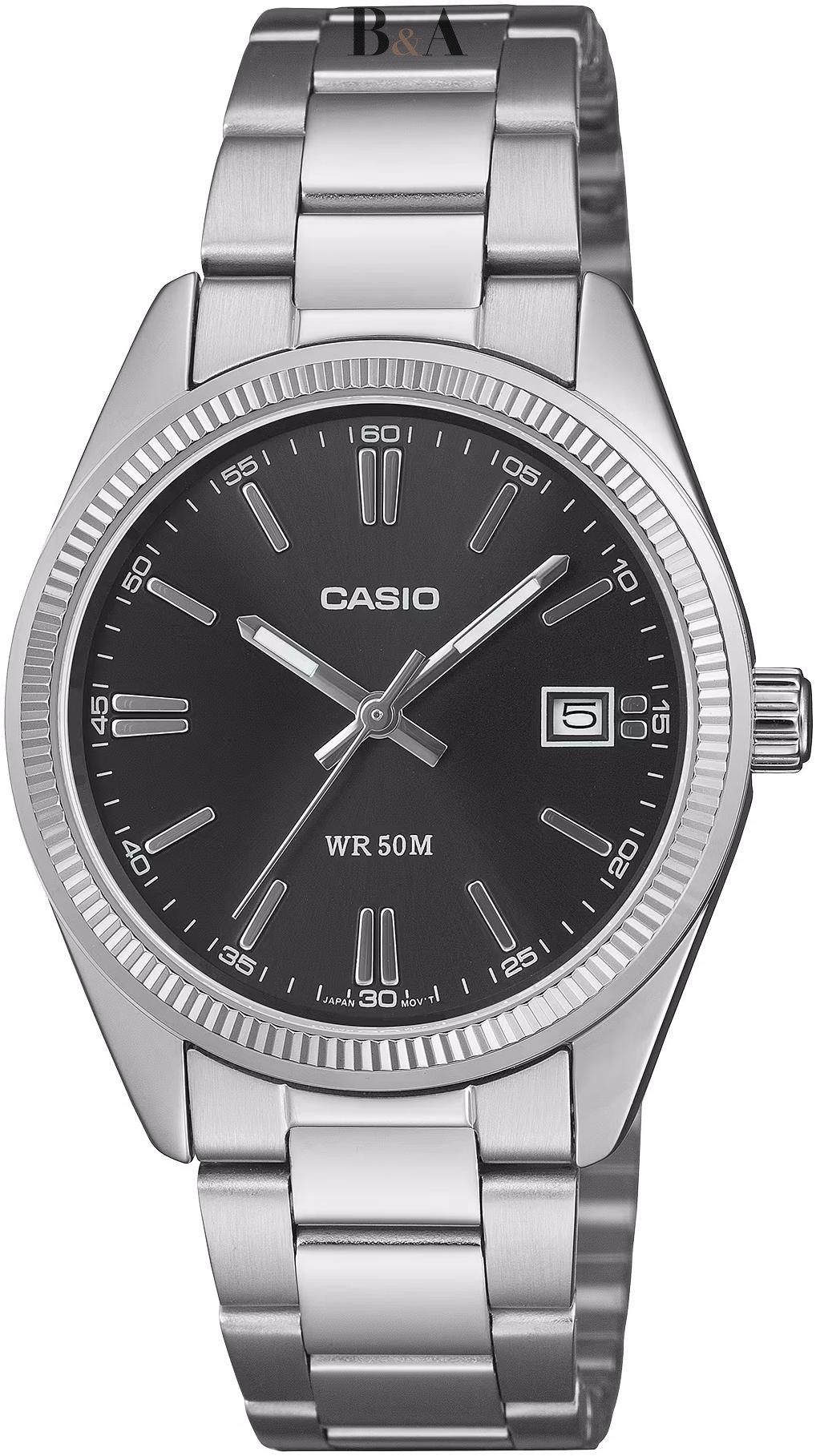 Zegarek-unisex-Casio-UTP-1302PD-1AVEF-35-mm-z-czarną-tarczą-żłobionym-bezelem-i-srebrną-stalową-bransoletą