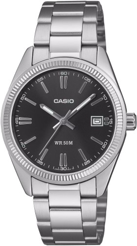 Zegarek-unisex-Casio-UTP-1302PD-1AVEF-35-mm-z-czarną-tarczą-żłobionym-bezelem-i-srebrną-stalową-bransoletą