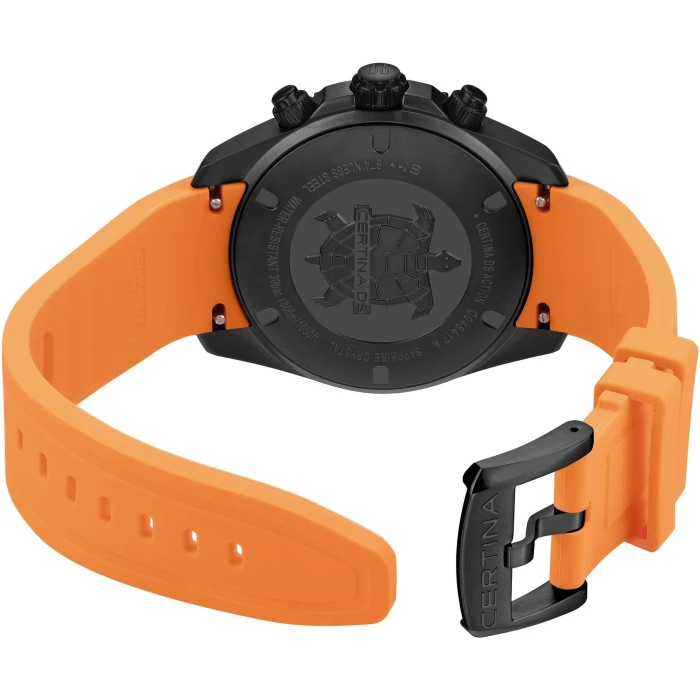 Zegarek-męski-Certina-DS-Action-Chrono-C048.417.37.051.03-z-czarną-tarczą-chronografu-i-pomarańczowym-paskiem-silikonowym3