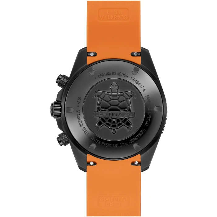Zegarek-męski-Certina-DS-Action-Chrono-C048.417.37.051.03-z-czarną-tarczą-chronografu-i-pomarańczowym-paskiem-silikonowym4
