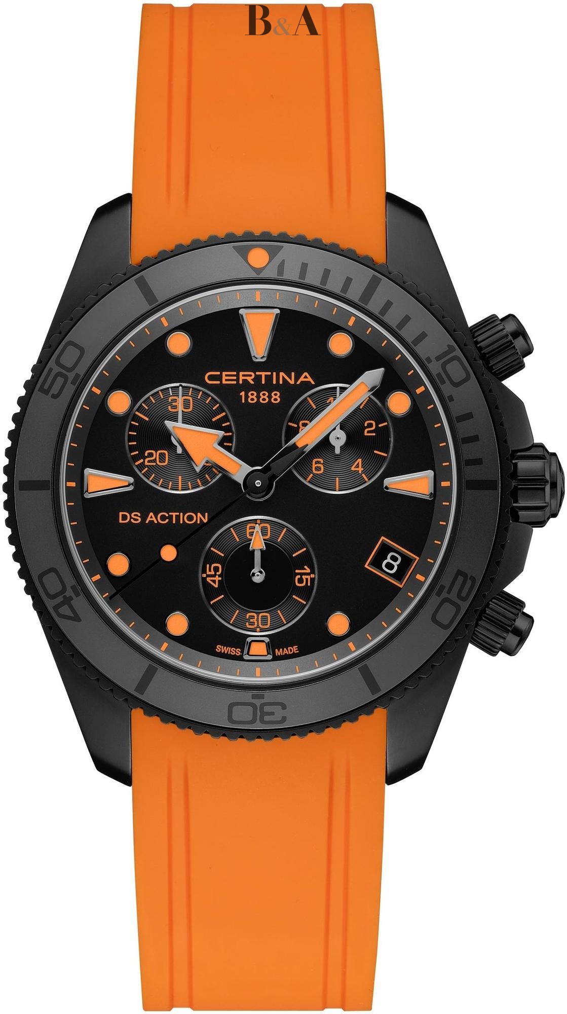 Zegarek-męski-Certina-DS-Action-Chrono-C048.417.37.051.03-z-czarną-tarczą-chronografu-i-pomarańczowym-paskiem-silikonowym