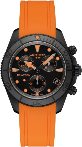 Zegarek-męski-Certina-DS-Action-Chrono-C048.417.37.051.03-z-czarną-tarczą-chronografu-i-pomarańczowym-paskiem-silikonowym