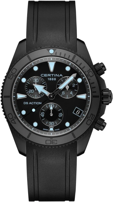Zegarek-męski-Certina-DS-Action-Chrono-C048.417.37.051.01-z-czarną-tarczą-niebieskimi-akcentami-i-czarnym-paskiem-gumowym