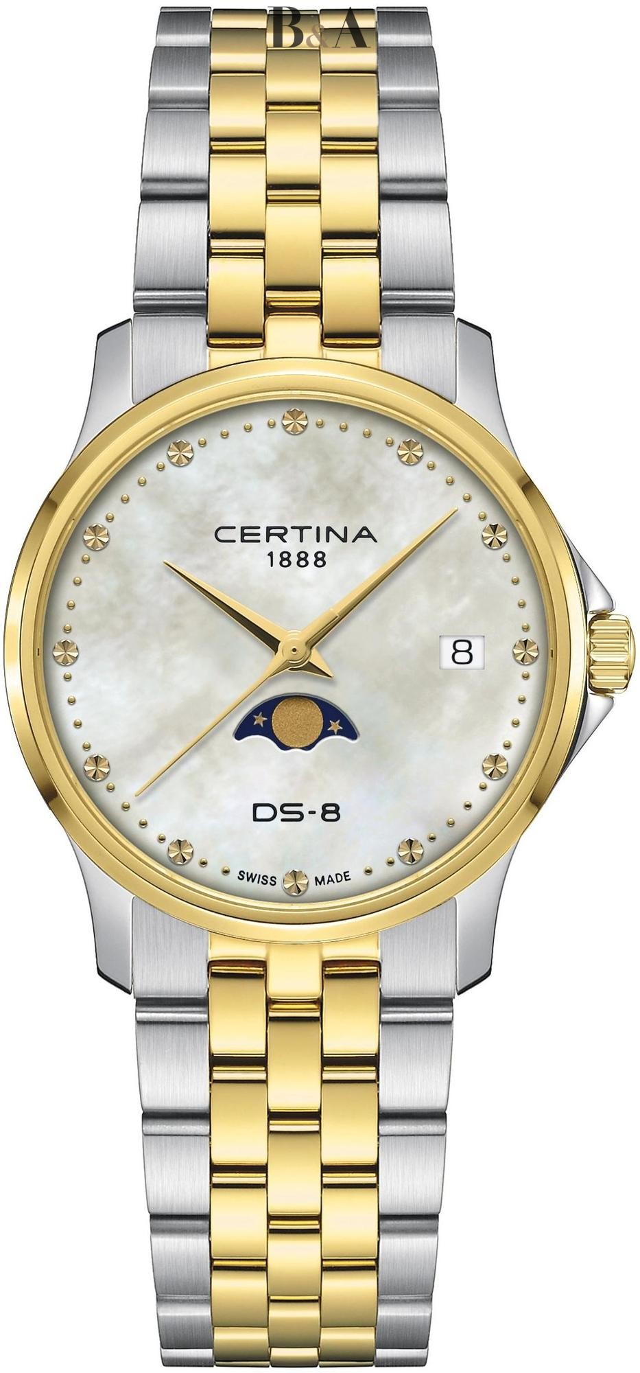 Zegarek-damski-Certina-DS-8-Moonphase-Lady-C045.223.22.111.00-z-tarczą-z-masy-perłowej-i-srebrzysto-złocistą-bransoletą