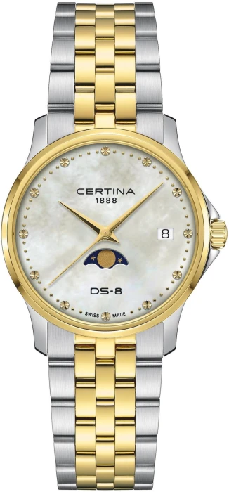 Zegarek-damski-Certina-DS-8-Moonphase-Lady-C045.223.22.111.00-z-tarczą-z-masy-perłowej-i-srebrzysto-złocistą-bransoletą